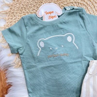 Conj. Perfect Baby e Bermuda em Linho Listrado - Verde